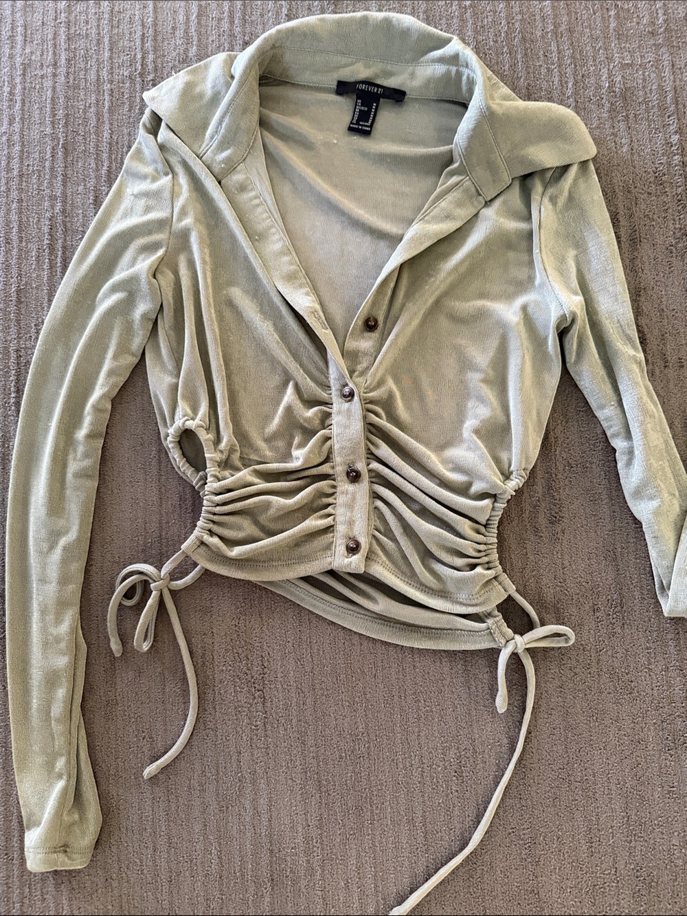 Forever 21 Sage Green Ruched Button-Front Long Sleeve Shirt
